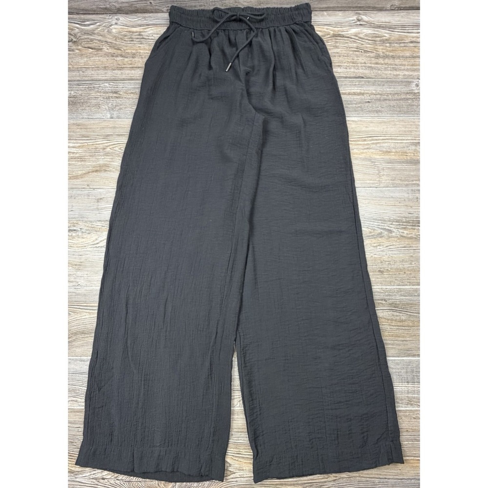 A New Day Women's S (28x32) Black Gauze Wide Leg Pants Casual Pull-On Drawstring